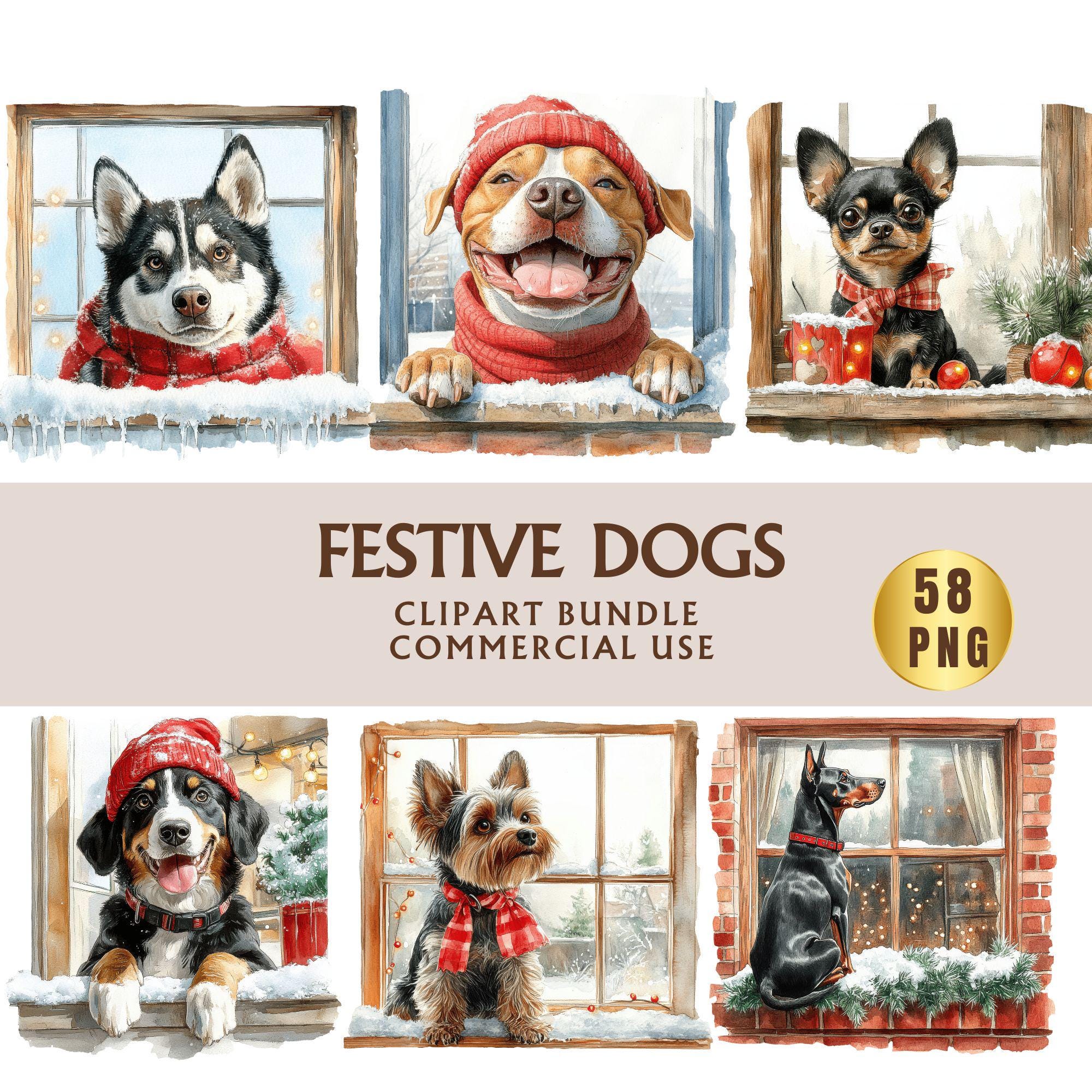 Watercolor Christmas Dog Clipart Set: Holiday Puppy Illustrations (PNG ...