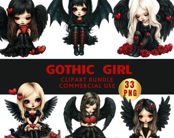 Gothic Girl Clipart Bundle Dark Fantasy PNG Spooky Doll Art Horror Commercial Use