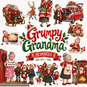 Grappige chagrijnige oma kerstclipartbundel, eigenzinnige oudere vrouw PNG (digitale download)