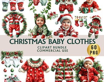 May include: A collection of watercolor illustrations featuring Christmas-themed baby clothes and accessories. The designs include red and green striped onesies, Santa hats, and festive decorations. The text "CHRISTMAS BABY CLOTHES" is displayed prominently.