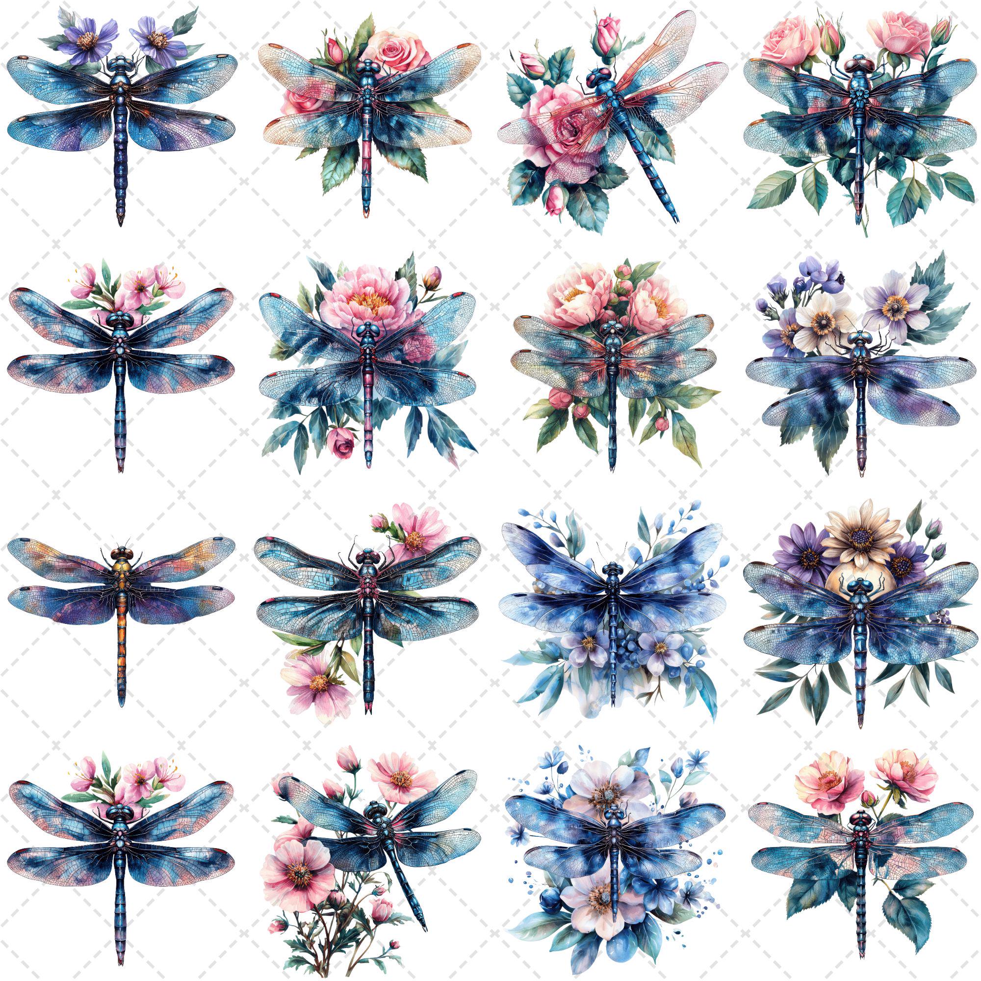 Watercolor Dragonfly Clipart Bundle, Floral Dragonfly PNG Set, Insect ...