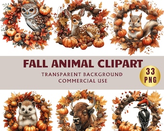 Watercolor Fall Animal Clipart: Woodland Creatures, Pumpkins (Digital Download, 33 PNGs, 4096x4096px )