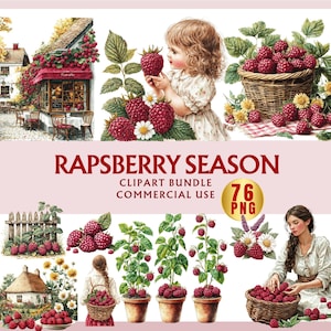 Puede incluir: Conjunto de imágenes prediseñadas de acuarela con frambuesas, flores y un niño. La imagen incluye ilustraciones de plantas de frambuesa, cestas de bayas y una tienda con toldo rojo. El texto dice "Rapsberry Season Clipart Bundle Commercial Use 76 PNG."