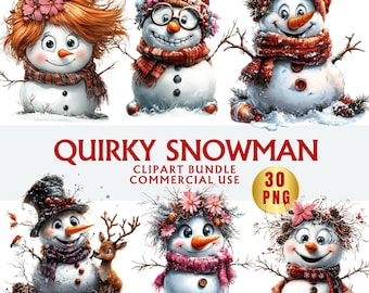 Whimsical Quirky Snowman Clipart | Watercolor Christmas PNG | Digital Download for Scrapbook & Card Making