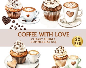 Watercolor Coffee Clipart Set: Latte Art & Coffee Beans (PNG, Commercial Use)