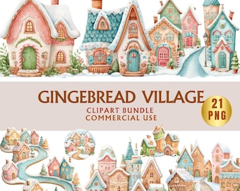Watercolor Christmas Clipart Set | Gingerbread Village PNG (Digital Download)