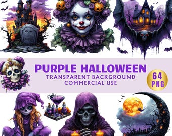 Spooky Halloween-clipartbundel: paarse pompoenen, skelet, png-bestanden (commercieel gebruik)