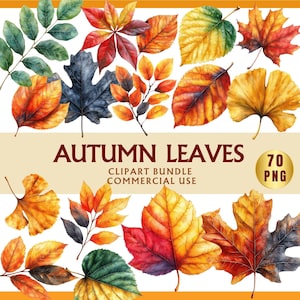 Puede incluir: Ilustración en acuarela de varias hojas de otoño en tonos rojos, naranjas, amarillos y verdes. Se muestra el texto "AUTUMN LEAVES", junto con "CLIPART BUNDLE COMMERCIAL USE" y una insignia "70 PNG".