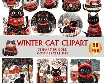 Grillige aquarel kerstkatten - feestelijke katachtige clipartbundel voor knutselen voor de feestdagen