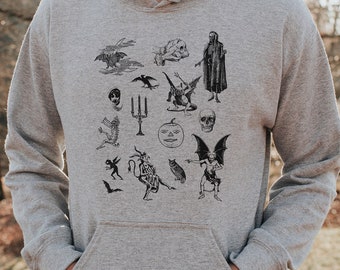 Moletom com capuz vintage de criatura de Halloween, moletom com estampa de monstro retrô, moletom com padrão de Halloween, unissex