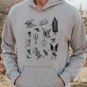 Vintage Halloween Creature Hoodie, Retro Monster Print Hoodie, Halloween Pattern Sweatshirt, Unisex