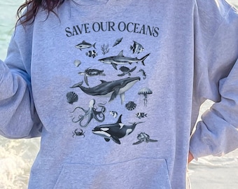 Vintage Sea Animals Hoodie, Retro Ocean Conservation, Environmental, Save the Oceans Sweatshirt, 90s Tattoo Sea Animal Hoodie, Unisex