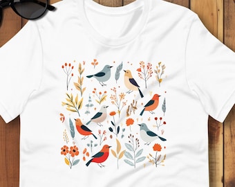 Colorful Botanical Birds Shirt, Cottagecore Birds tshirt, Nature shirt, Bird Pattern Tee, Bird Lovers Gift