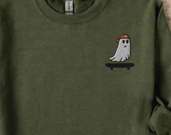 Skateboarding Ghost geborduurd sweatshirt, schattig spook met ronde hals, cadeau voor skateboarder, Halloween-sweater, Otto the Ghost
