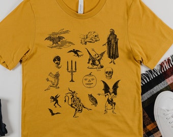 Vintage Halloween Shirt, Retro Creature Illustration Shirt, Halloween Medieval Tattoo Shirt, Spooky Season Pattern Shirt, Unisex
