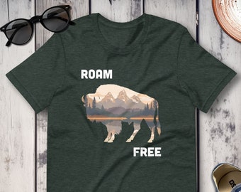 Roam Free Shirt (White Text), Bison Silhouette, Adventure Shirt, Trendy Graphic T-Shirt, Nature Shirt, Outdoor Life, Wanderlust Tee