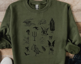 Vintage Monster Halloween Sweatshirt, Retro Drawings, Halloween Icons Crewneck, Halloween Sketch, Cute Halloween Sweatshirt, Unisex