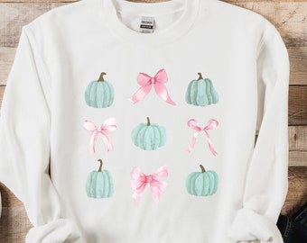 Blue Pumpkin Coquette Sweatshirt, Pumpkins and Bows Fall Shirt, Cute Fall Shirt, Halloween Coquette Sweatshirt, Cottagecore Crewneck