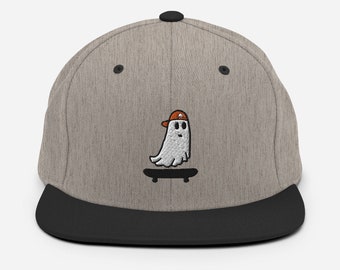 Skateboarding Ghost Snapback Hat, Skater Hat, Embroidered Flat Brim Cap, Cute Ghost Snapback, Otto the Ghost