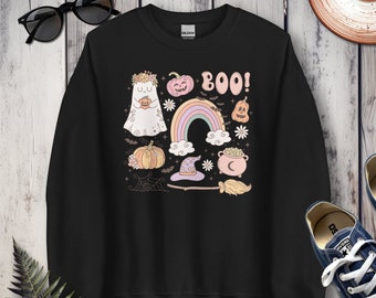 Retro Halloween Boo Sweatshirt, Vintage Halloween Pattern, Cute Ghost and Pumpkins Crewneck, Spooky Season Sweatshirt