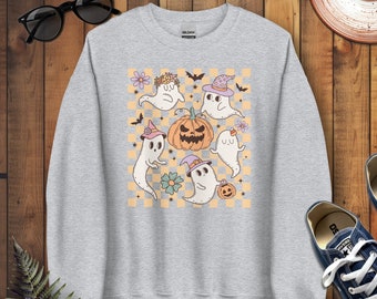 Vintage Halloween Print Sweatshirt, Vintage Halloween Print Crewneck, Retro Halloween Checkerboard Print, Vintage Ghosts and Pumpkins Shirt