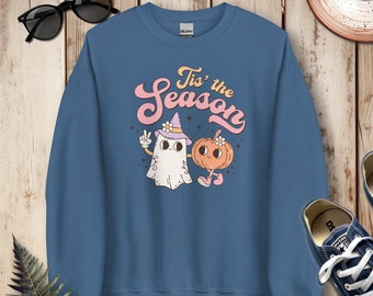 Tis the Season Halloween Sweatshirt, Retro Halloween Crewneck, Vintage Ghost and Pumpkin Crewneck, Spooky Season Sweatshirt