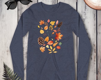 Herfstbladeren shirt met lange mouwen, herfstbladeren shirt, herfst botanische print lange mouw, herfst Bella canvas lange mouw