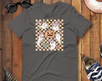 Vintage Halloween Print Shirt, Retro Halloween Tshirt, Vintage Ghosts and Pumpkins Retro Print, Vintage Halloween Checkerboard Print Tee