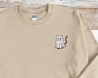 Ghost Cat Embroidered Sweatshirt, Cute Ghost Cat Crewneck, Halloween Sweatshirt, Klaus the Cat