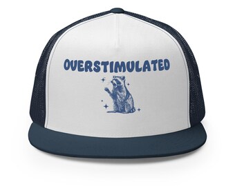 Overstimulated Trucker Hat, Funny Raccoon Hat, Adjustable Trucker Cap for Men and Women