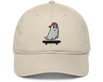 Skateboarding Ghost Dad Hat, Organic Spooky Season Dad Hat, Otto the Ghost Embroidered Hat, Fall Hat, Spooky Gift