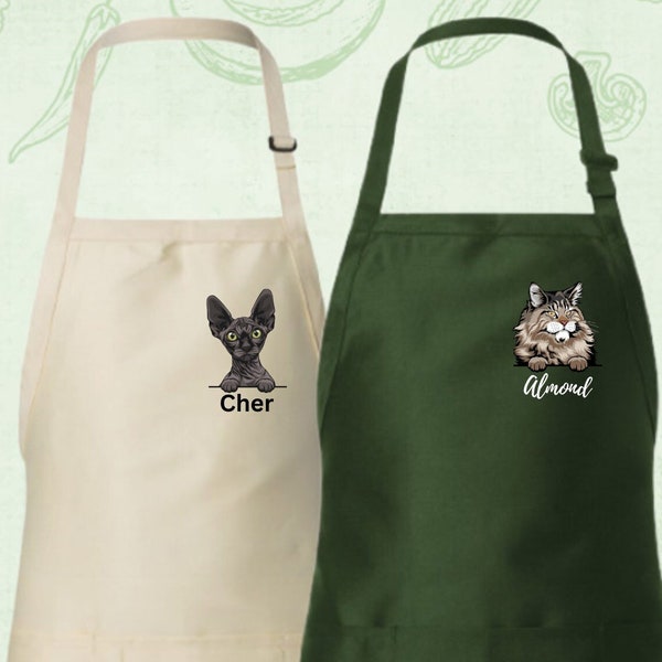 Custom Cat Mom Apron, Personalized Apron for Cat Owner, Cat in Apron Pocket, Mothers Day Gift, Gifts for Cat Lover