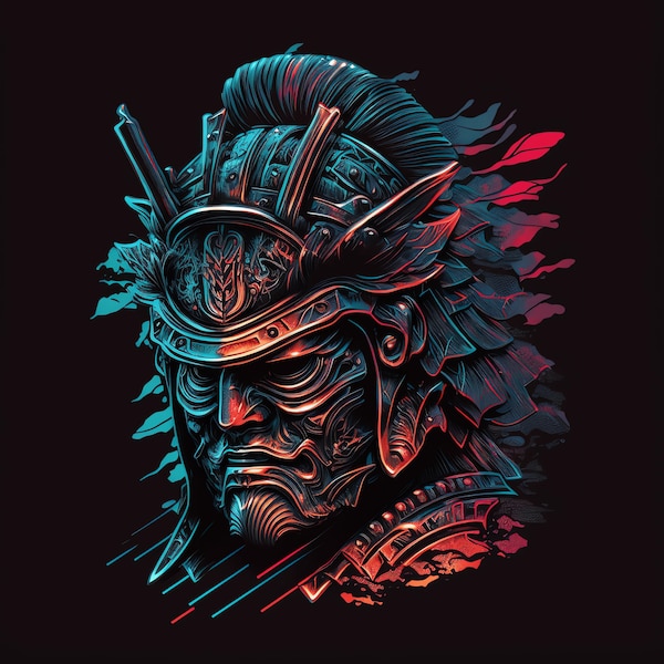 Midjourney Prompt - Colorful Samurai Heads For Black T-shirts
