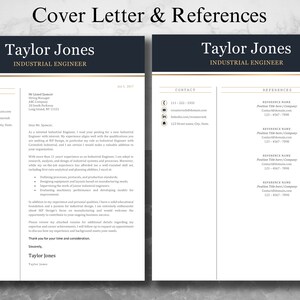 May include: A black and white cover letter and references page for Taylor Jones, an Industrial Engineer. The cover letter includes contact information and a brief description of Taylor's experience and qualifications. The references page lists the names, titles, and contact information for three references.