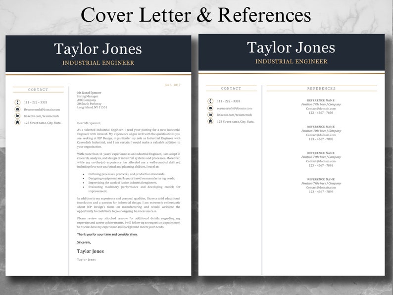 May include: A black and white cover letter and references page for Taylor Jones, an Industrial Engineer. The cover letter includes contact information and a brief description of Taylor's experience and qualifications. The references page lists the names, titles, and contact information for three references.