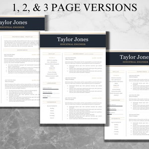 May include: Three-page resume template with a dark blue and gold color scheme. The resume is for Taylor Jones, an Industrial Engineer. The template includes sections for contact information, education, experience, skills, languages, and interests.