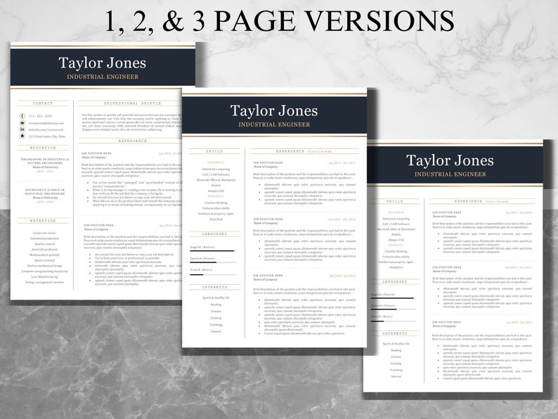 May include: Three-page resume template with a dark blue and gold color scheme. The resume is for Taylor Jones, an Industrial Engineer. The template includes sections for contact information, education, experience, skills, languages, and interests.