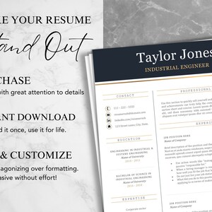 May include: A black and gold resume template with the text "Make Your Resume Stand Out" at the top. The template includes sections for contact information, education, experience, and professional profile. The resume is designed for an industrial engineer named Taylor Jones.