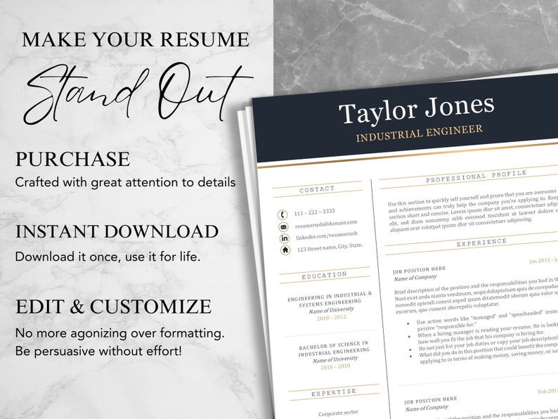 May include: A black and gold resume template with the text "Make Your Resume Stand Out" at the top. The template includes sections for contact information, education, experience, and professional profile. The resume is designed for an industrial engineer named Taylor Jones.