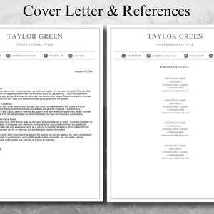 K&ouml;nnte beinhalten: Eine schwarz-wei&szlig;e Vorlage f&uuml;r ein Anschreiben und Referenzen mit dem Namen Taylor Green oben auf jeder Seite. Der Anschreiben-Bereich enth&auml;lt eine kurze Einf&uuml;hrung in das Anschreiben und Anweisungen zum Schreiben eines Anschreibens. Der Referenzbereich enth&auml;lt eine Tabelle mit Spalten f&uuml;r den Namen der Referenz, die Position, den Firmennamen, den Standort, die Telefonnummer und die E-Mail-Adresse.