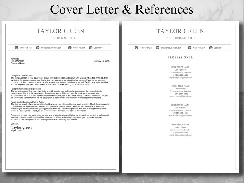 K&ouml;nnte beinhalten: Eine schwarz-wei&szlig;e Vorlage f&uuml;r ein Anschreiben und Referenzen mit dem Namen Taylor Green oben auf jeder Seite. Der Anschreiben-Bereich enth&auml;lt eine kurze Einf&uuml;hrung in das Anschreiben und Anweisungen zum Schreiben eines Anschreibens. Der Referenzbereich enth&auml;lt eine Tabelle mit Spalten f&uuml;r den Namen der Referenz, die Position, den Firmennamen, den Standort, die Telefonnummer und die E-Mail-Adresse.