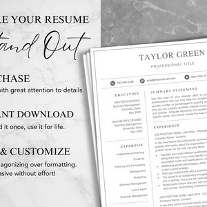 K&ouml;nnte beinhalten: Eine schwarz-wei&szlig;e Lebenslaufvorlage mit dem Text "Make Your Resume Stand Out" oben. Die Vorlage enth&auml;lt Abschnitte f&uuml;r Ausbildung, Erfahrung, Expertise und eine Zusammenfassung. Der Text "PURCHASE" befindet sich oben links auf der Seite, und der Text "INSTANT DOWNLOAD" befindet sich darunter. Der Text "EDIT & CUSTOMIZE" befindet sich unten links auf der Seite.