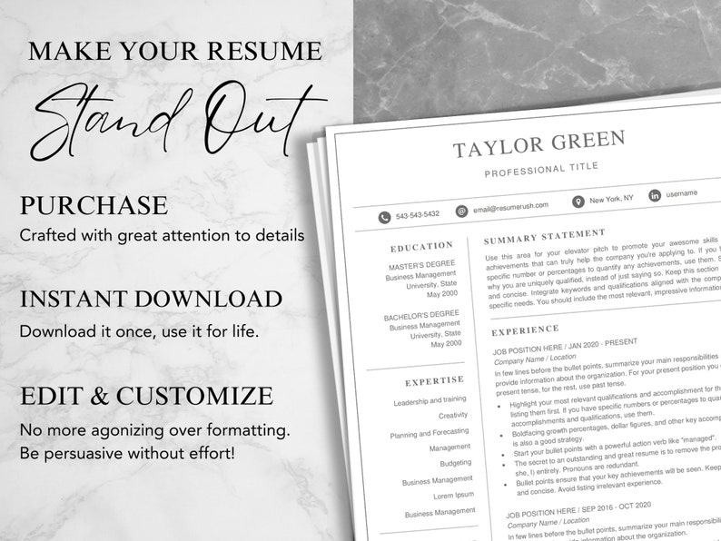 K&ouml;nnte beinhalten: Eine schwarz-wei&szlig;e Lebenslaufvorlage mit dem Text "Make Your Resume Stand Out" oben. Die Vorlage enth&auml;lt Abschnitte f&uuml;r Ausbildung, Erfahrung, Expertise und eine Zusammenfassung. Der Text "PURCHASE" befindet sich oben links auf der Seite, und der Text "INSTANT DOWNLOAD" befindet sich darunter. Der Text "EDIT & CUSTOMIZE" befindet sich unten links auf der Seite.