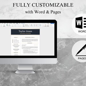 May include: A computer screen displaying a resume template with a black and gold design. The text "Taylor Jones, Industrial Engineer" is visible at the top of the resume. The text "FULLY CUSTOMIZABLE with Word & Pages" is displayed above the computer screen.  The logos for Microsoft Word and Apple Pages are displayed to the right of the computer screen.