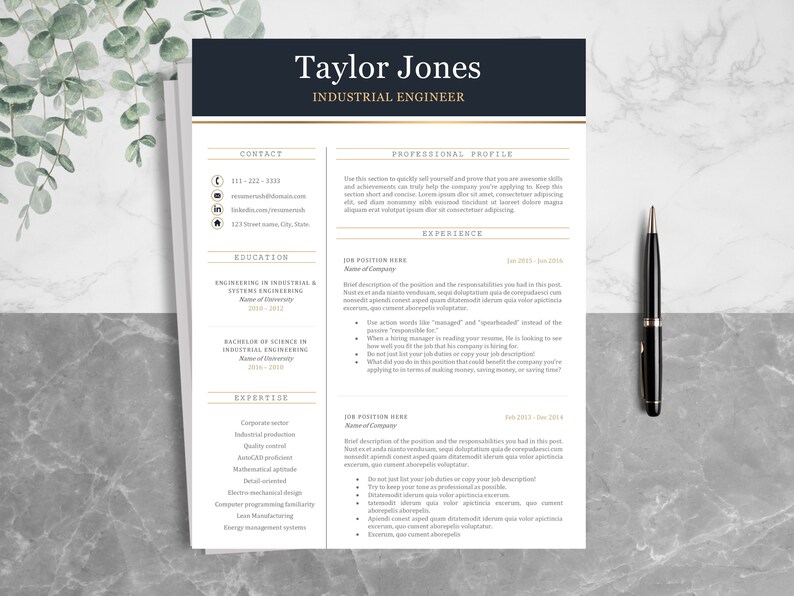May include: A black and white resume template with gold accents. The resume is for Taylor Jones, an Industrial Engineer. The resume includes contact information, education, experience, and skills.