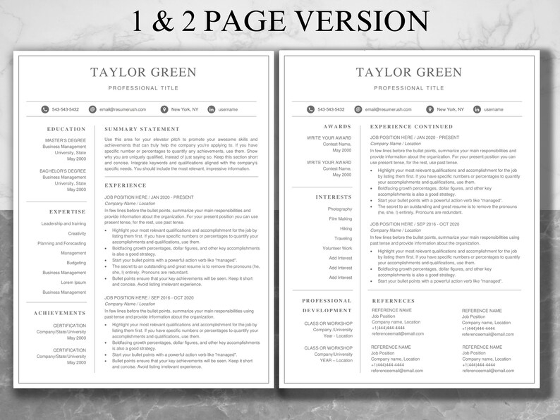 K&ouml;nnte beinhalten: Eine schwarz-wei&szlig;e Lebenslaufvorlage mit dem Namen Taylor Green und dem Titel "Beruflicher Titel". Der Lebenslauf enth&auml;lt Abschnitte f&uuml;r Ausbildung, Berufserfahrung, Expertise, Leistungen, Auszeichnungen, Interessen, berufliche Entwicklung und Referenzen.
