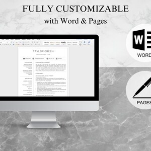K&ouml;nnte beinhalten: Ein Computerbildschirm zeigt eine Lebenslaufvorlage im minimalistischen Design. Die Vorlage tr&auml;gt den Titel "TAYLOR GREEN PROFESSIONAL STYLE" und ist vollst&auml;ndig anpassbar mit Microsoft Word und Apple Pages. Der Bildschirm befindet sich auf einer grauen Marmorfl&auml;che.