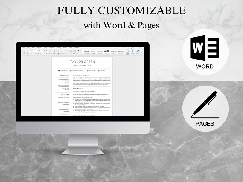 K&ouml;nnte beinhalten: Ein Computerbildschirm zeigt eine Lebenslaufvorlage im minimalistischen Design. Die Vorlage tr&auml;gt den Titel "TAYLOR GREEN PROFESSIONAL STYLE" und ist vollst&auml;ndig anpassbar mit Microsoft Word und Apple Pages. Der Bildschirm befindet sich auf einer grauen Marmorfl&auml;che.