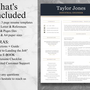 May include: A black and gold resume template with the text "what's included" and a list of items included in the template. The template also includes a sample resume with the name "Taylor Jones" and the title "Industrial Engineer".
