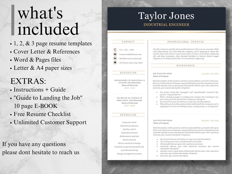 May include: A black and gold resume template with the text "what's included" and a list of items included in the template. The template also includes a sample resume with the name "Taylor Jones" and the title "Industrial Engineer".